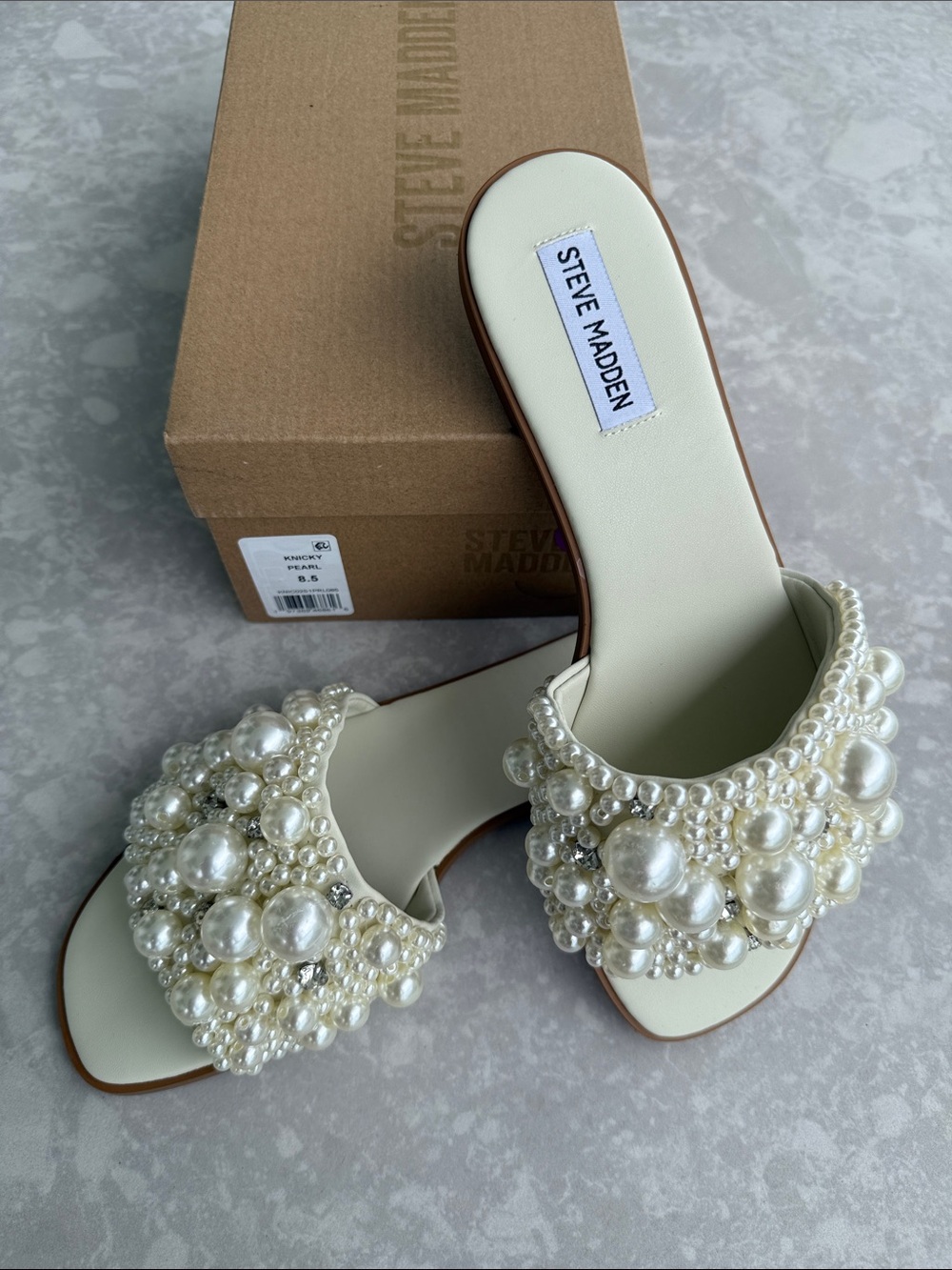 NWB Steve Madden Knicky Pearl Women's Pearl Embellished Slide Sandals, Size 8.5